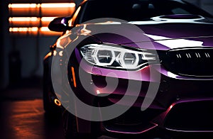 Close up on headlight of a generic unbranded purple car, generative ai illustration