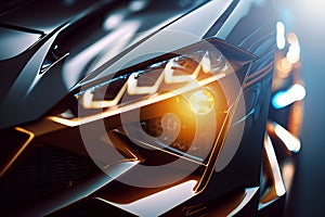 Close up on headlight of a generic and unbranded sport car, generative ai illustration