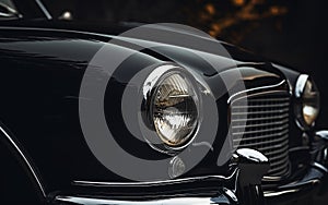 Close-up of the headlights of a black vintage car