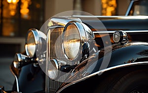 Close-up of the headlights of a black vintage car