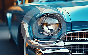 Close-up of the headlights of a blue vintage car