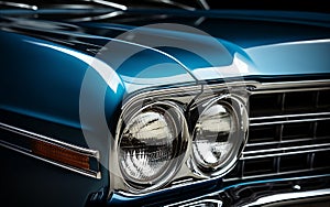 Close-up of the headlights of a blue vintage car