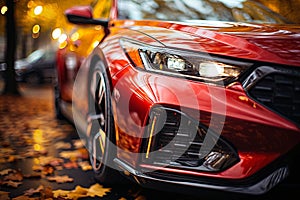 Close-up of the headlights of a modern car in the city