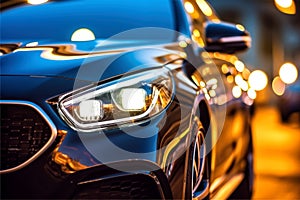 Close-up of the headlights of a modern car in the city