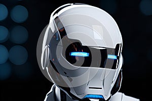 Close up: headshot of a futuristic robot, artificial intelligence photo