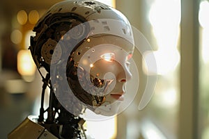 Close-up of a headshot of humanizes AI robot, humanoid droid with bright eyes.