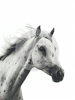 Close-up headshot of a white spotted horse with a calm demeanor, isolated on a white background.