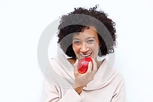 Close up healthy african american woman eating apple