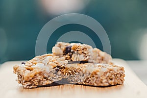 close up of healthy snack granola bar with chocolate chips