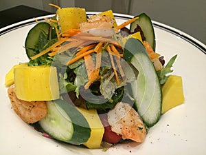 Close-up healthy topical salad, prawn mango and assorted vegetable salad with dressing