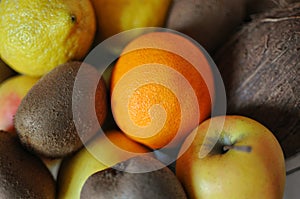 Close up of healthy variety of food - bowl of different tropic fruits