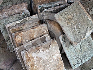 close up heap of big stone slab block