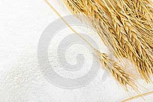 Close-up of a heap of flour and ears of wheat after sifting. Concept Record prices and high prices for bakery products. Rising