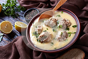 Close-up of hearty Greek Meatball Soup