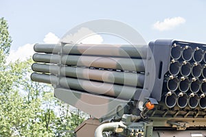 Close up on heavy multiple rocket launche