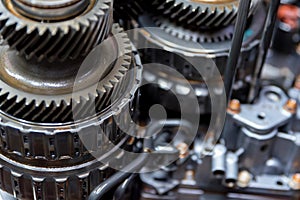 Close-up helical gears in car automatic transmission