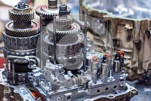 Close-up helical gears in car automatic transmission photo