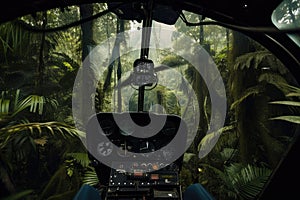 close-up of helicopter blades through jungle canopy