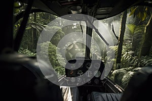 close-up of helicopter blades through jungle canopy