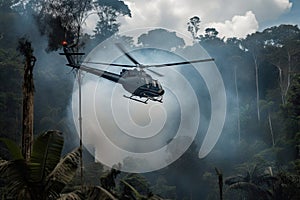 close-up of helicopter blades slicing through the jungle, with smoke in the background