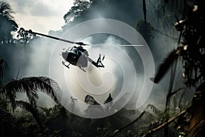 close-up of helicopter blades slicing through the jungle, with smoke in the background