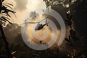 close-up of helicopter blades slicing through the jungle, with smoke in the background