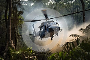 close-up of helicopter blades slicing through the jungle, with smoke in the background