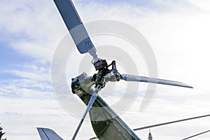 Close up of a helicopter rotor hub and blades