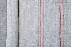 Close-up of the hemp homespun cloth with red stripe