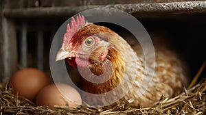 Close-Up of Hen Nesting with Fresh Eggs in Rustic Coop Setting