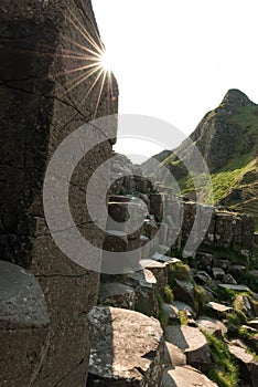 A close up of hexagonal stones at Giant`s Causeway with sun bursting over them