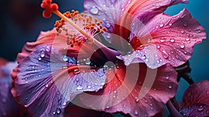 Close-up Of Hibiscus Flower With Water Drops In Moody Style