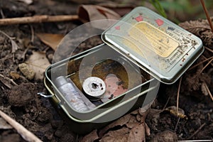 close-up of hidden treasure in geocaching container