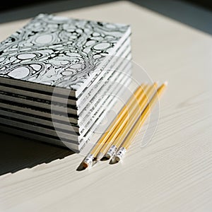 Stack of Marbled Notebooks with Pencils