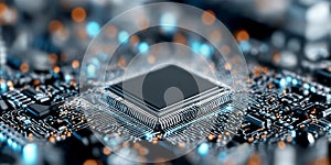 Close Up High Angle View of Complex Circuitry Detail on Electronic CPU Central Processor Components