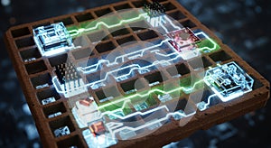 Futuristic AI Processor Grid with Glowing Connections