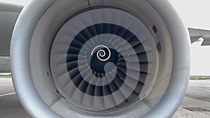 Close-up of an high-bypass turbofan Jet Airplane Engine rotating turning in the wind