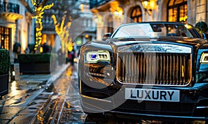 Close-up of a high-end car grille with LUXURY license plate, showcasing opulence, elegance, and the lavish lifestyle