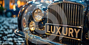 Close-up of a high-end car grille with LUXURY license plate, showcasing opulence, elegance, and the lavish lifestyle