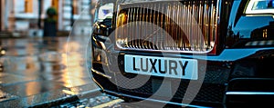 Close-up of a high-end car grille with LUXURY license plate, showcasing opulence, elegance, and the lavish lifestyle