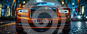 Close-up of a high-end car grille with LUXURY license plate, showcasing opulence, elegance, and the lavish lifestyle