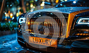 Close-up of a high-end car grille with LUXURY license plate, showcasing opulence, elegance, and the lavish lifestyle