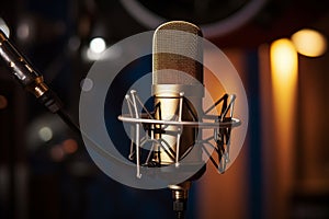 Close-up of a high-end condenser microphone in a professional recording studio. Generative AI