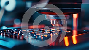 Close-up of high-precision microscope analysis in a laboratory setting. AI and automation