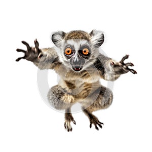 close-up high resolution photograph of cute fluffy funny lori lemur, jumps toward camera view, isolated