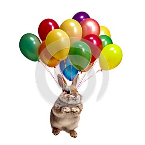 close-up high resolution photograph of cute fluffy rabbit baby cub,flies on colorful balloons, isolated