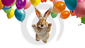 close-up high resolution photograph of cute fluffy rabbit baby cub,jumps with colorful balloons, isolated