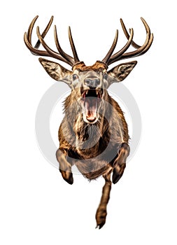 close-up high resolution photograph of wild deer with fangs, Eikþyrnir,attacks, jumps towards the camera, angry animal grin,