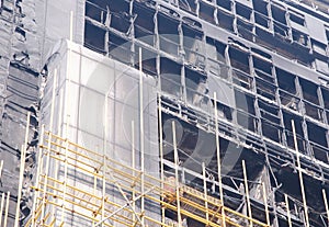 A close-up of high-rise building fire damage