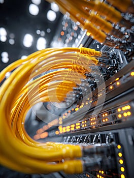 Close-up of high-speed yellow network cables plugged into a data center server rack with blinking status lights creating a dynamic